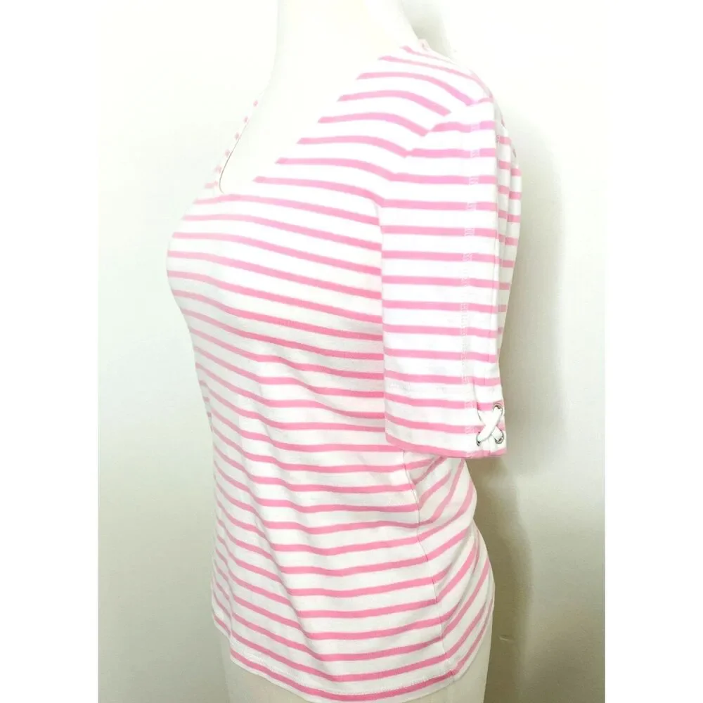 Talbots Pink White Striped Cotton Elbow Sleeve Crewneck Top Shirt Womens Sz SP - Picture 3 of 6